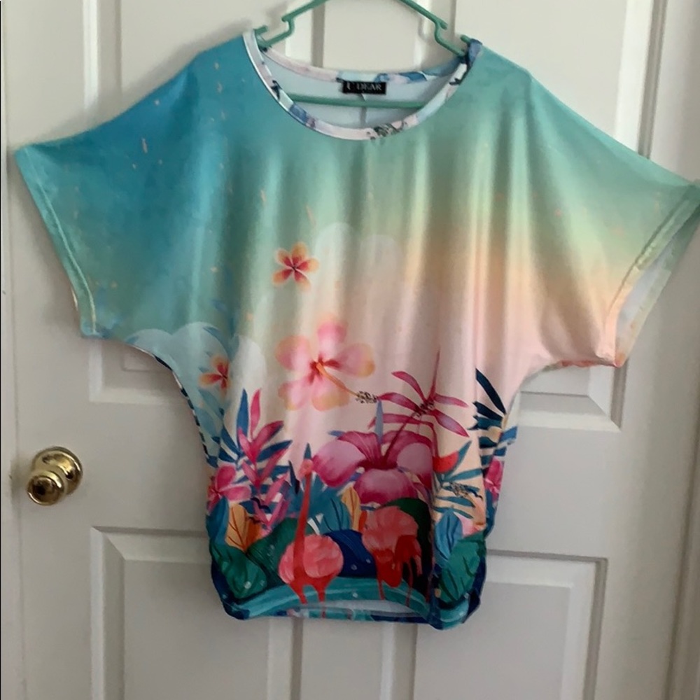 U. Dear Tropical Print Top w/ Flamingos NWOT